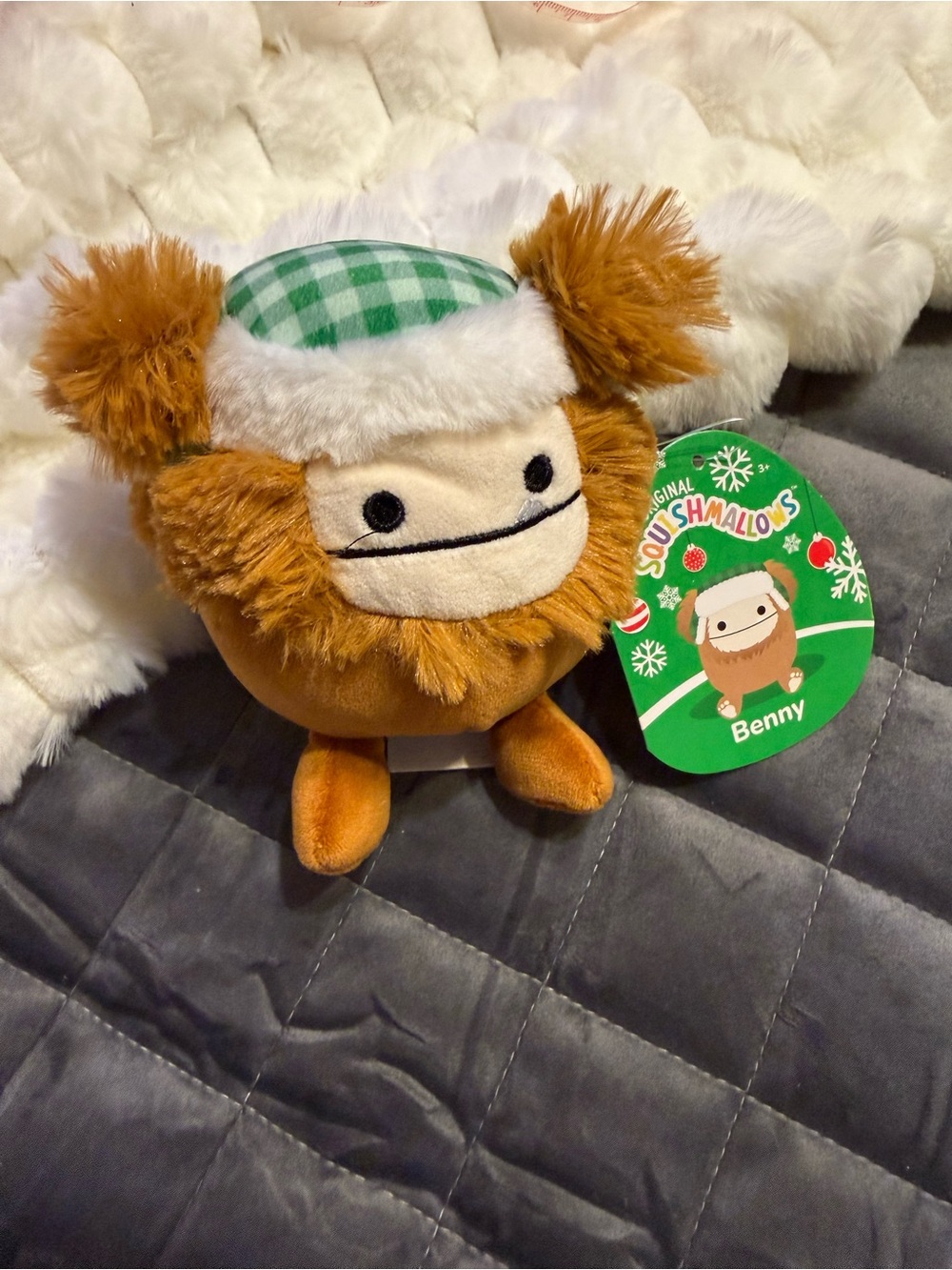 Squishmallows Brown & Cream Benny with Green Plaid Hat